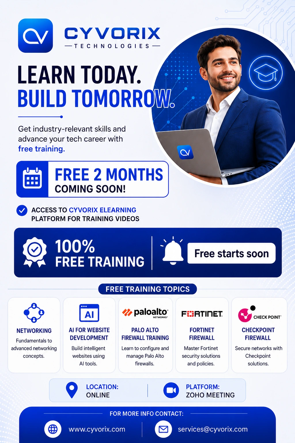 Cyvorix Technologies free two-month training announcement covering networking, artificial intelligence and firewall technologies